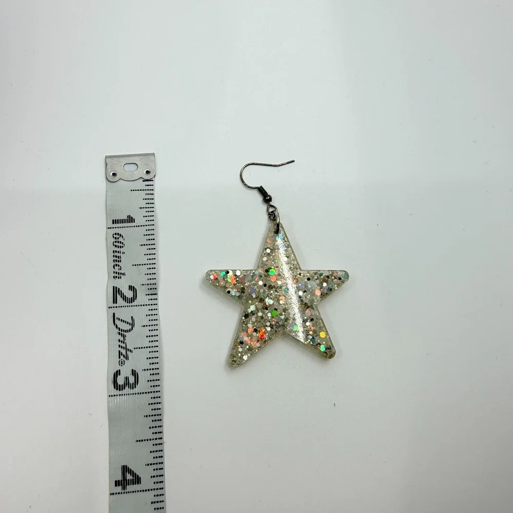 Vintage Y2K Chunky Resin Star Glitter Earrings Silver Tone Dangle Celestial Hook